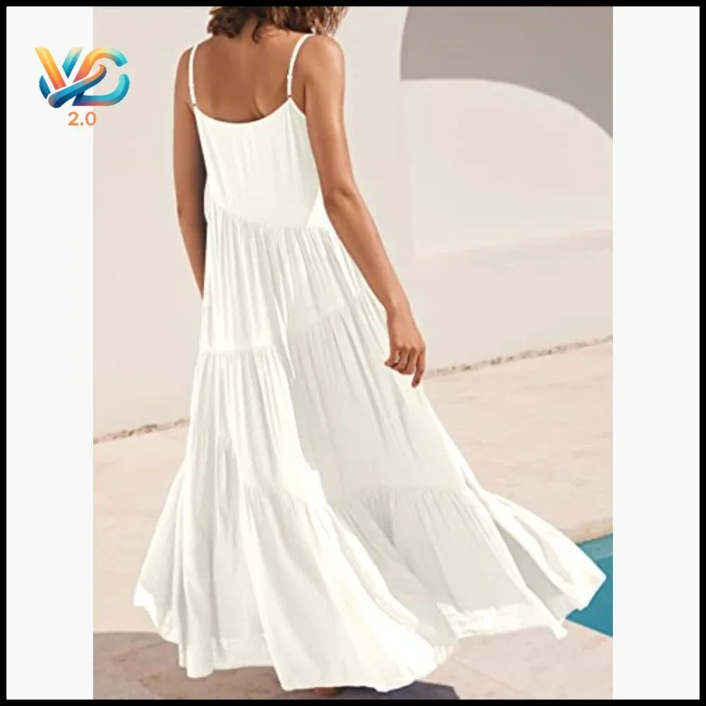 Loose Fit Maxi Dress with Adjustable Spaghetti Straps, Flowy Swing Hem